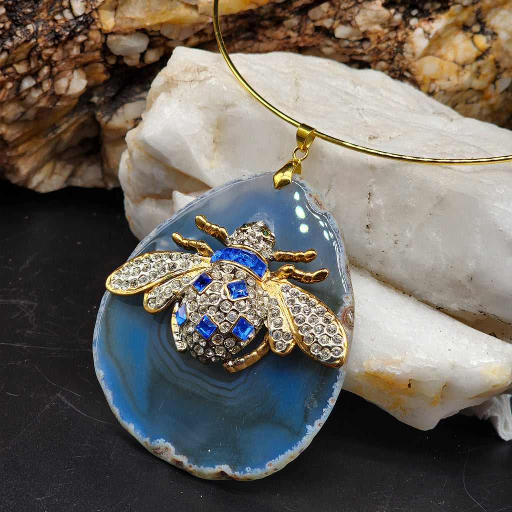Stranger In Paradise / Artisan Boho Necklace Designer Jewelry Gold Bee Pendant Natural Agate Stone Unique Necklace Gift For Lady