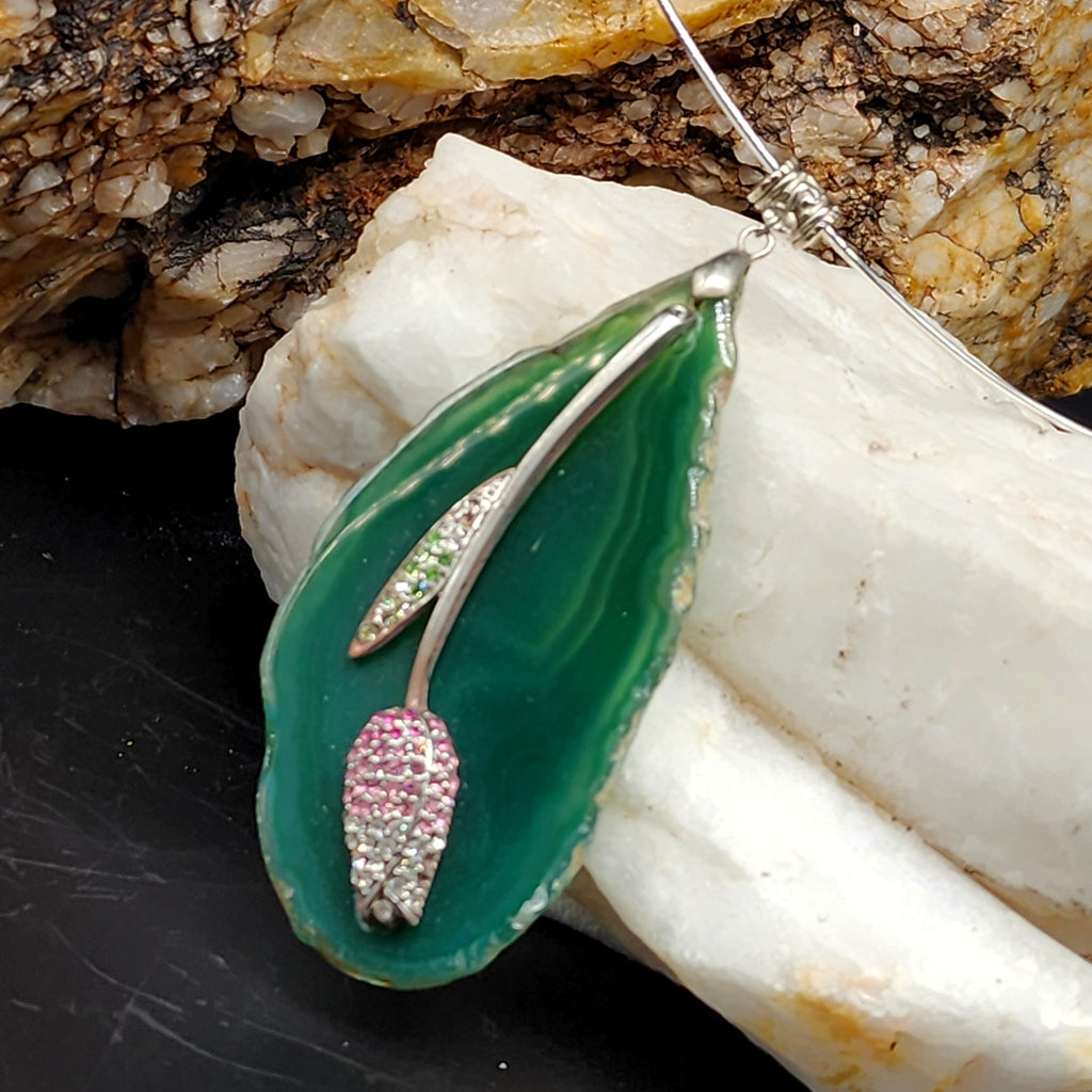 French Femme / Artisan Boho Necklace Designer Jewelry Silver Flower Pendant Natural Green Agate Stone Unique Necklace Gift For Lady