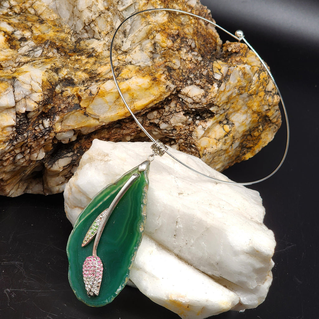 French Femme / Artisan Boho Necklace Designer Jewelry Silver Flower Pendant Natural Green Agate Stone Unique Necklace Gift For Lady