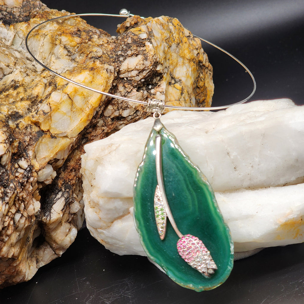 French Femme / Artisan Boho Necklace Designer Jewelry Silver Flower Pendant Natural Green Agate Stone Unique Necklace Gift For Lady