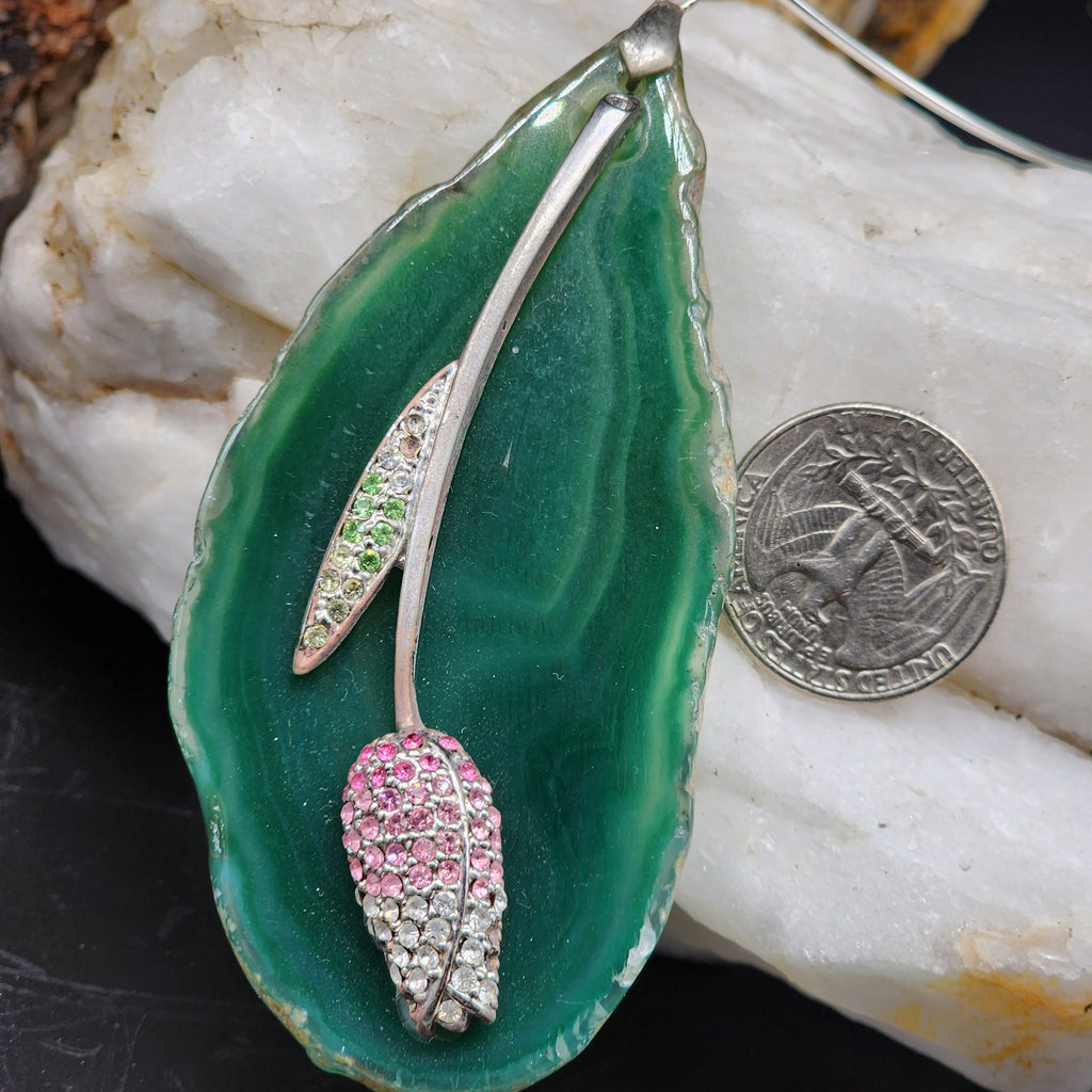 French Femme / Artisan Boho Necklace Designer Jewelry Silver Flower Pendant Natural Green Agate Stone Unique Necklace Gift For Lady