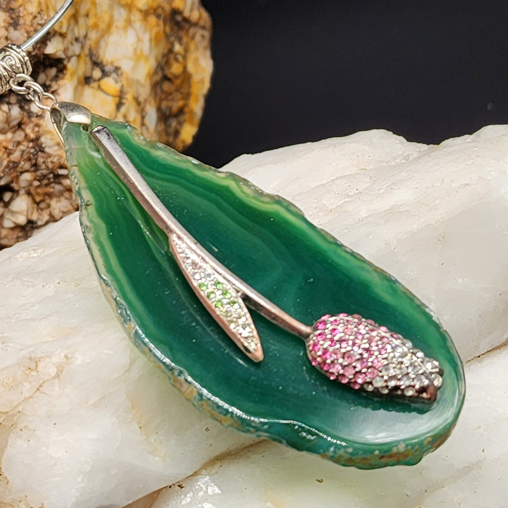 French Femme / Artisan Boho Necklace Designer Jewelry Silver Flower Pendant Natural Green Agate Stone Unique Necklace Gift For Lady