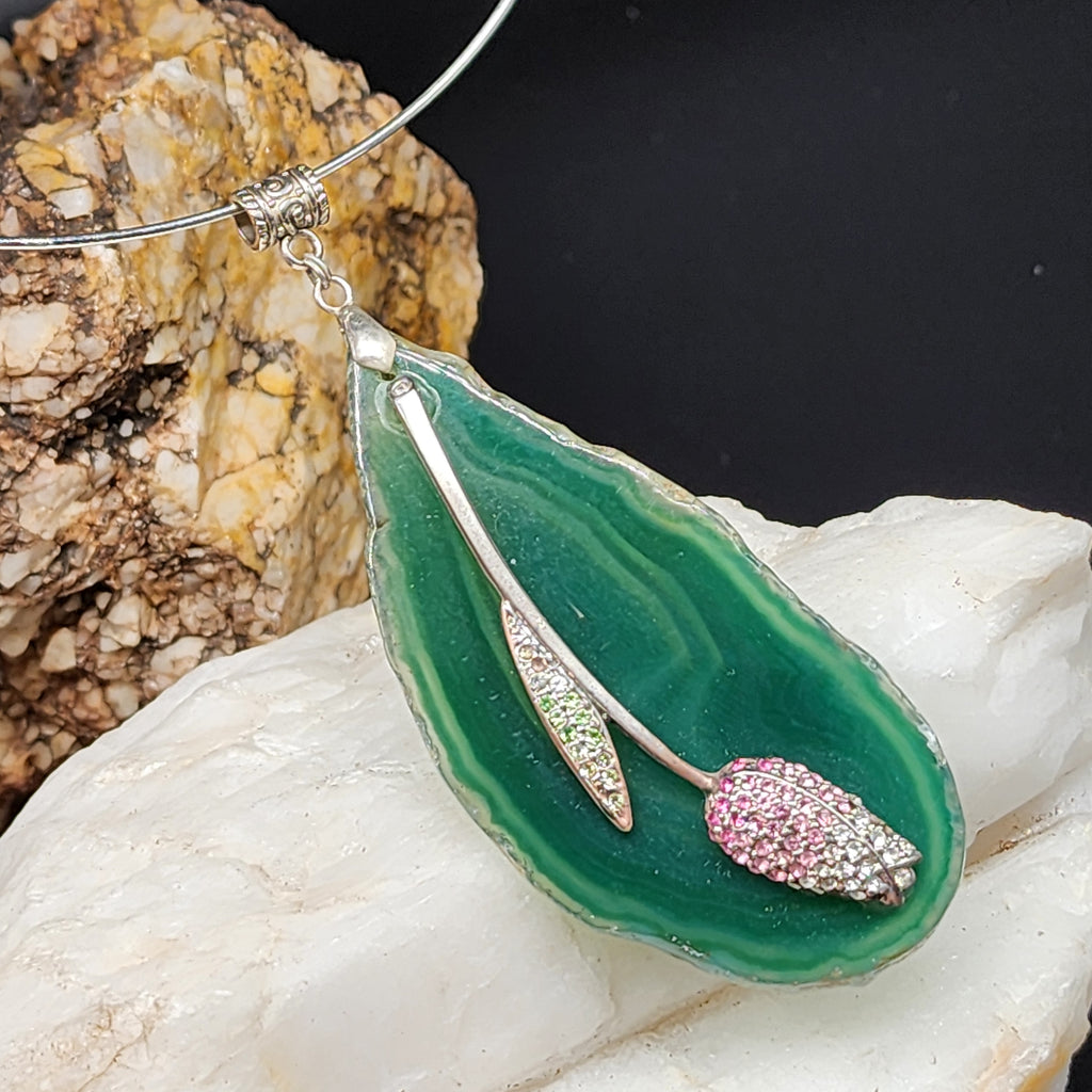 French Femme / Artisan Boho Necklace Designer Jewelry Silver Flower Pendant Natural Green Agate Stone Unique Necklace Gift For Lady