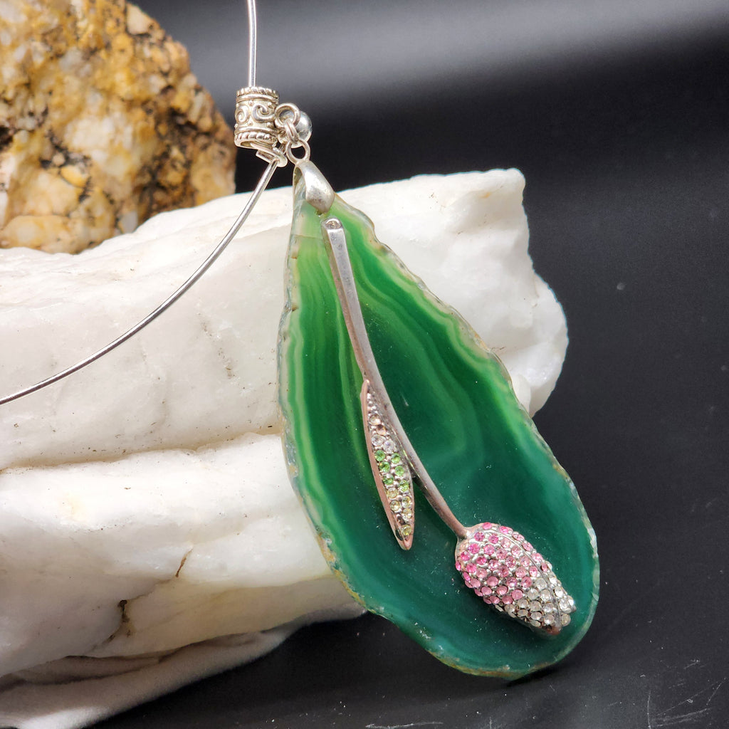 French Femme / Artisan Boho Necklace Designer Jewelry Silver Flower Pendant Natural Green Agate Stone Unique Necklace Gift For Lady