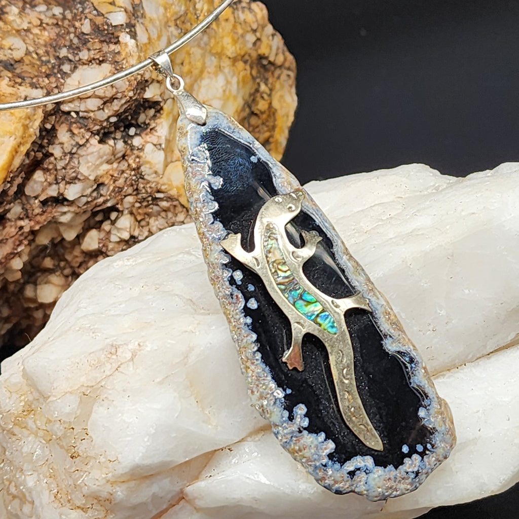 Suki Smock / Artisan Boho Necklace Designer Jewelry Silver Lizard Pendant Natural Black Agate Stone Unique Necklace Gift For Lady