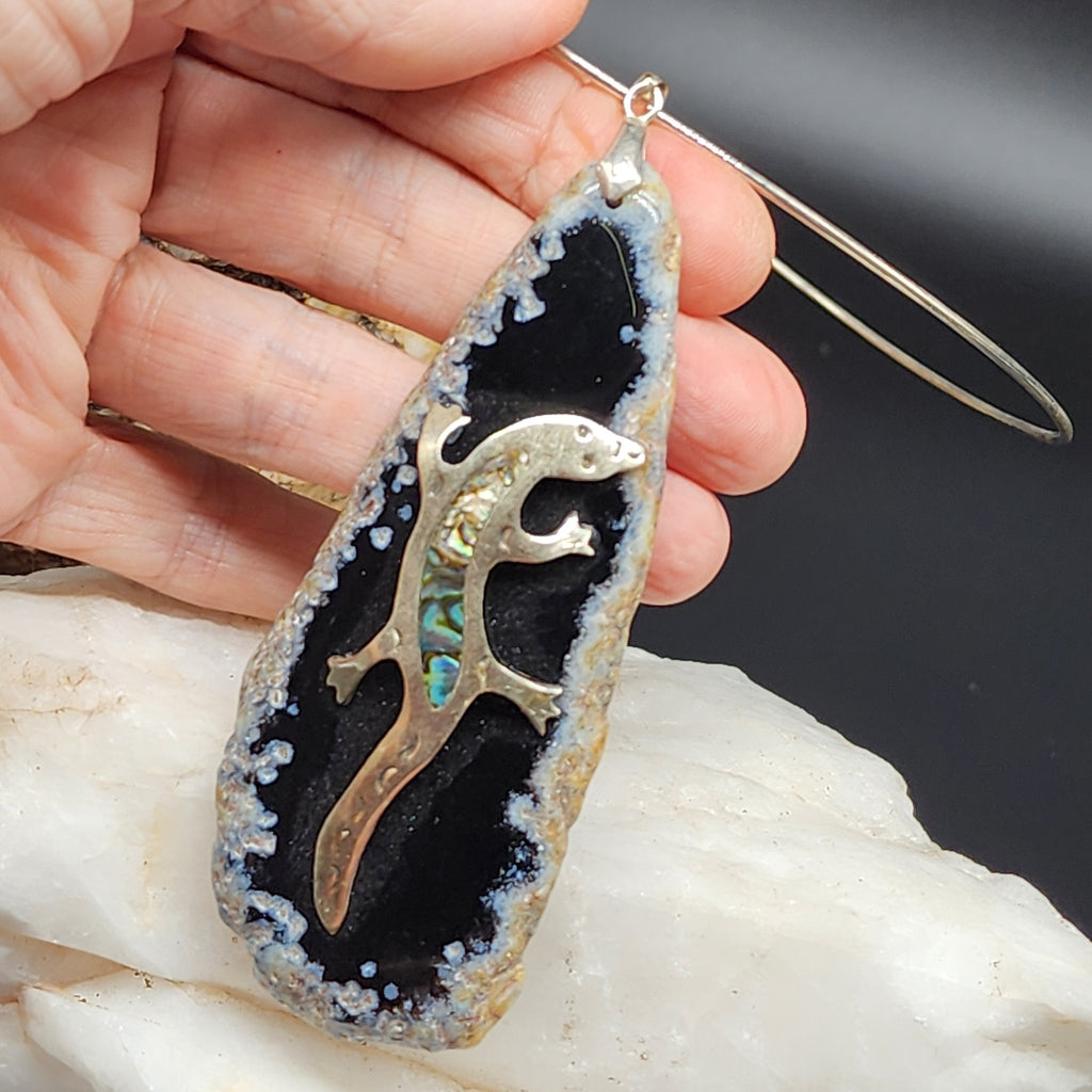 Suki Smock / Artisan Boho Necklace Designer Jewelry Silver Lizard Pendant Natural Black Agate Stone Unique Necklace Gift For Lady