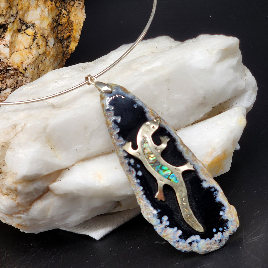 Suki Smock / Artisan Boho Necklace Designer Jewelry Silver Lizard Pendant Natural Black Agate Stone Unique Necklace Gift For Lady