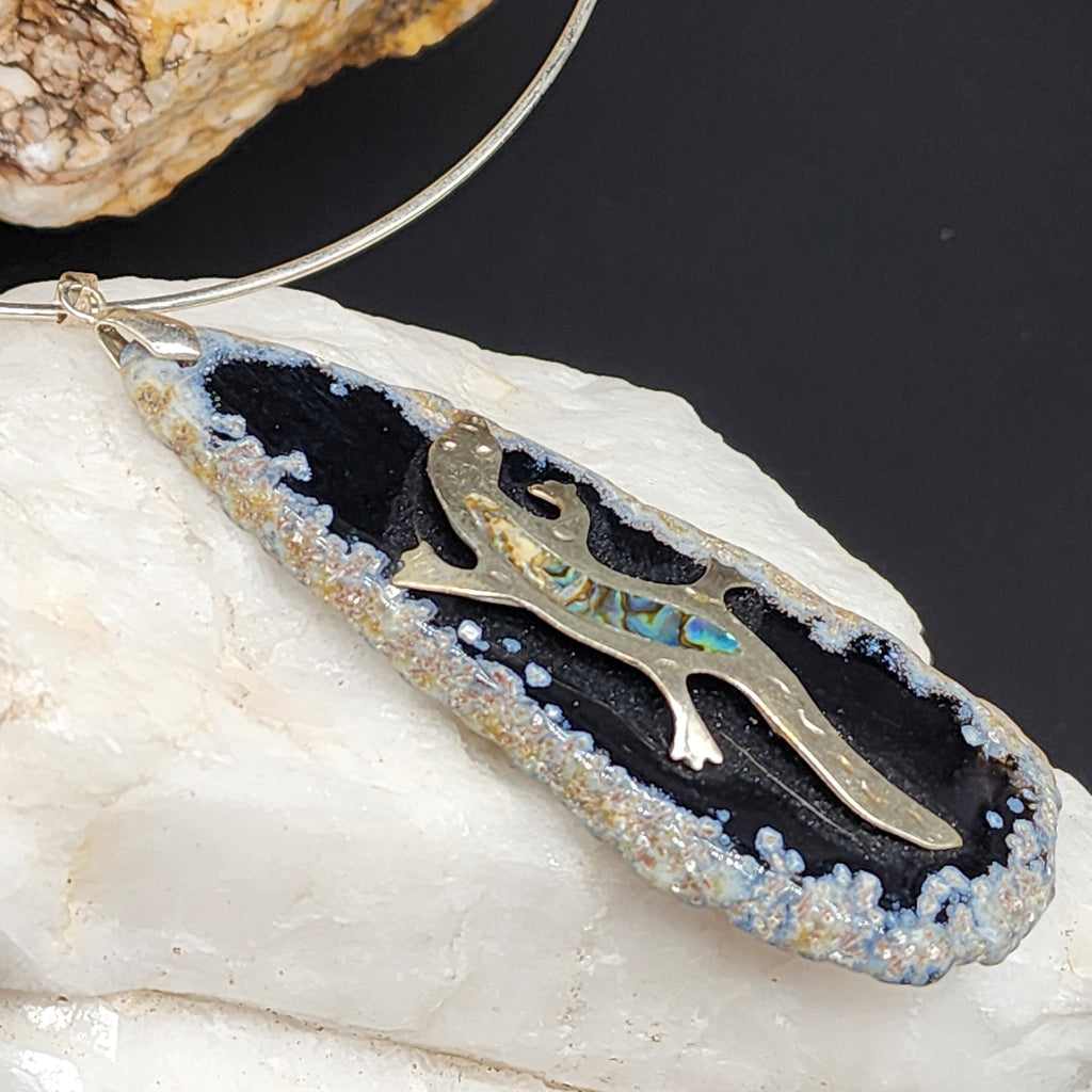 Suki Smock / Artisan Boho Necklace Designer Jewelry Silver Lizard Pendant Natural Black Agate Stone Unique Necklace Gift For Lady