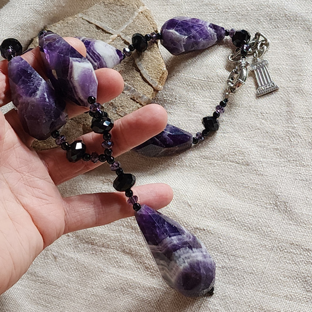 SPELL / Designer Jewelry Amethyst Necklace Big Natural Amethyst Beaded Necklace Boho Genuine Amethyst Necklace Gift for Momen