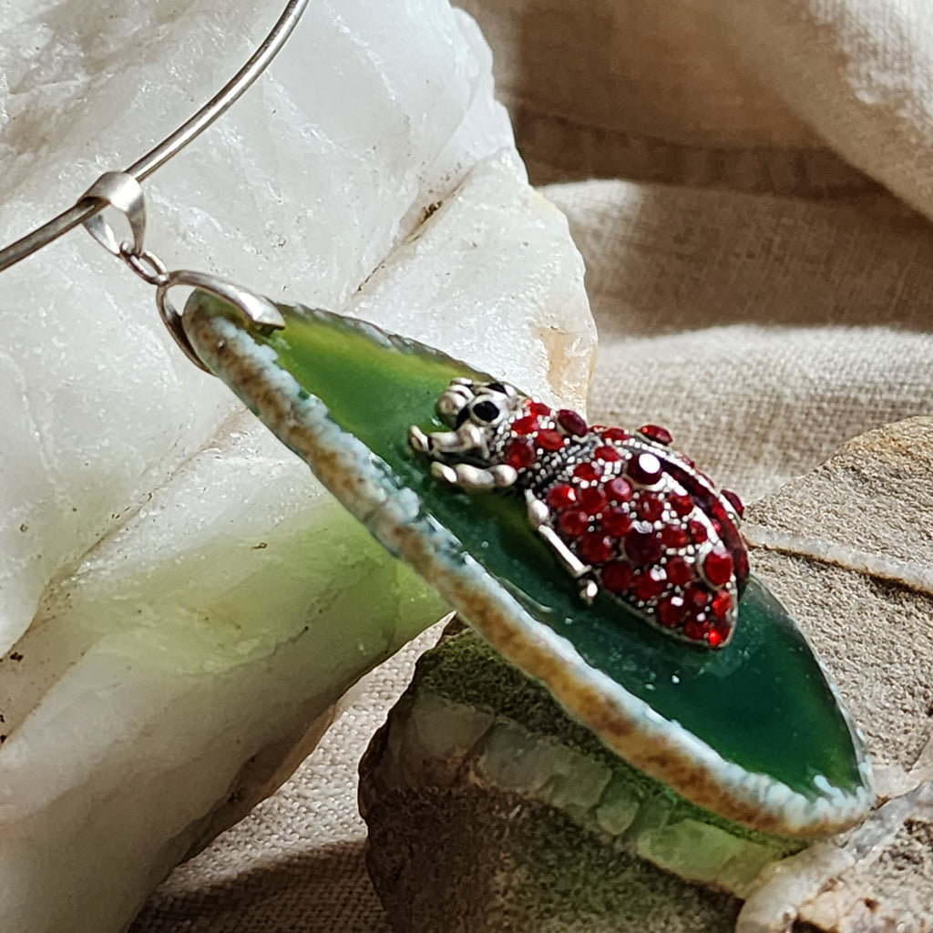 Just The Sweet Thing / Artisan Boho Necklace Designer Jewelry Silver Lady Bug Pendant Natural Green Agate Stone Unique Necklace