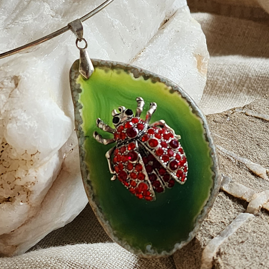 Just The Sweet Thing / Artisan Boho Necklace Designer Jewelry Silver Lady Bug Pendant Natural Green Agate Stone Unique Necklace