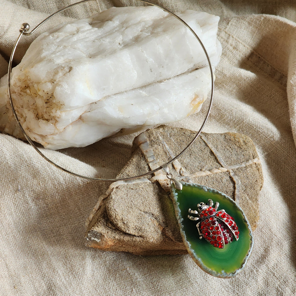 Just The Sweet Thing / Artisan Boho Necklace Designer Jewelry Silver Lady Bug Pendant Natural Green Agate Stone Unique Necklace