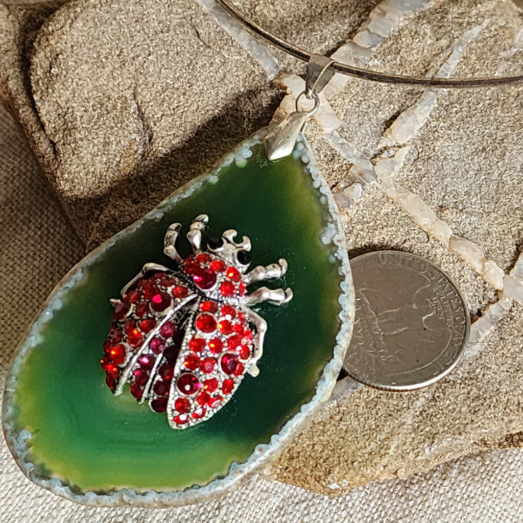 Just The Sweet Thing / Artisan Boho Necklace Designer Jewelry Silver Lady Bug Pendant Natural Green Agate Stone Unique Necklace