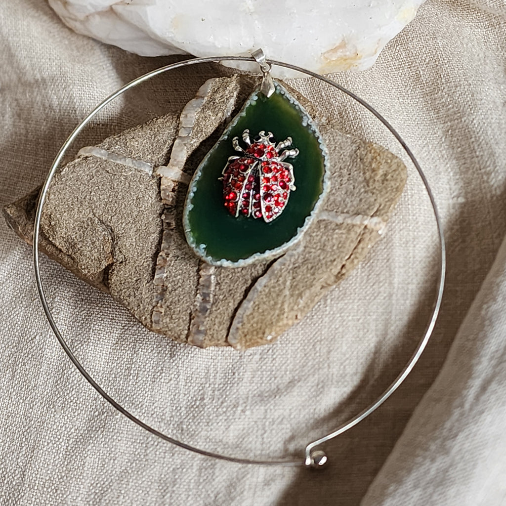 Just The Sweet Thing / Artisan Boho Necklace Designer Jewelry Silver Lady Bug Pendant Natural Green Agate Stone Unique Necklace