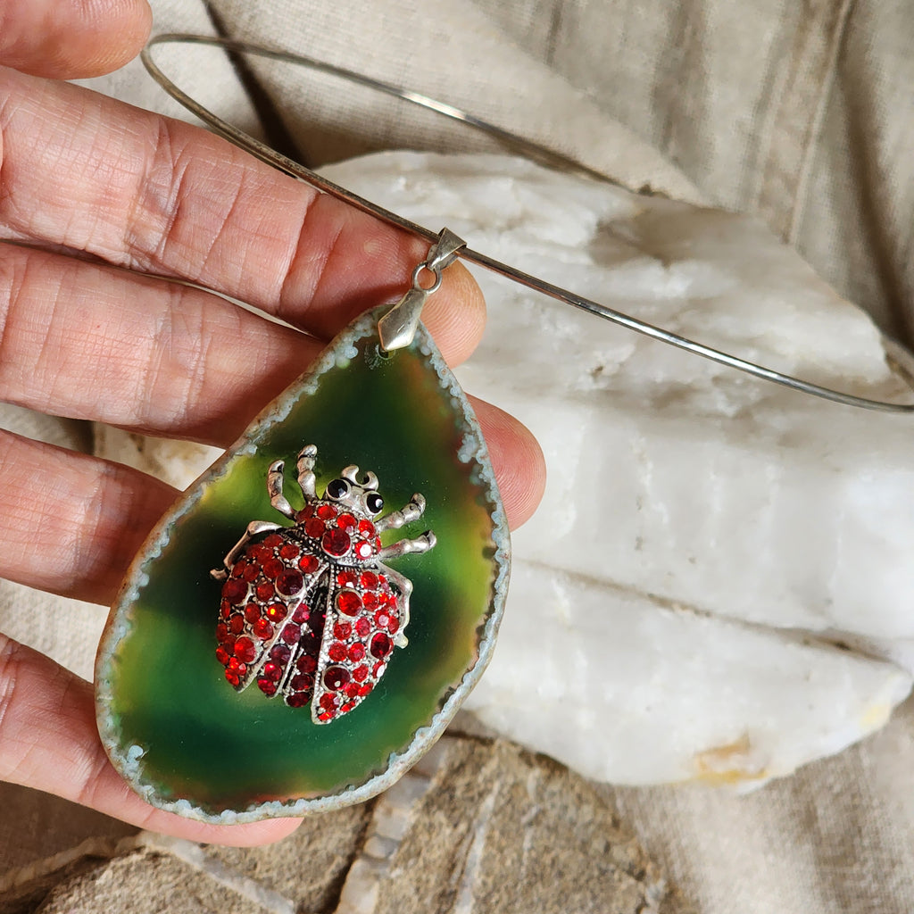 Just The Sweet Thing / Artisan Boho Necklace Designer Jewelry Silver Lady Bug Pendant Natural Green Agate Stone Unique Necklace