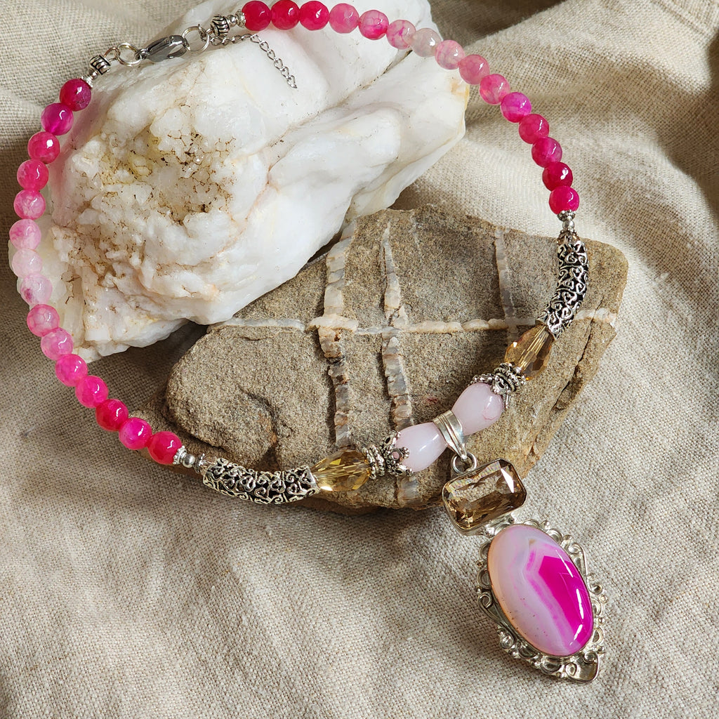 Read My Lips/ Designer Jewelry Silver Pendant Genuine Pink Agate Necklace Boho Artisan Jewelry Gift for Women