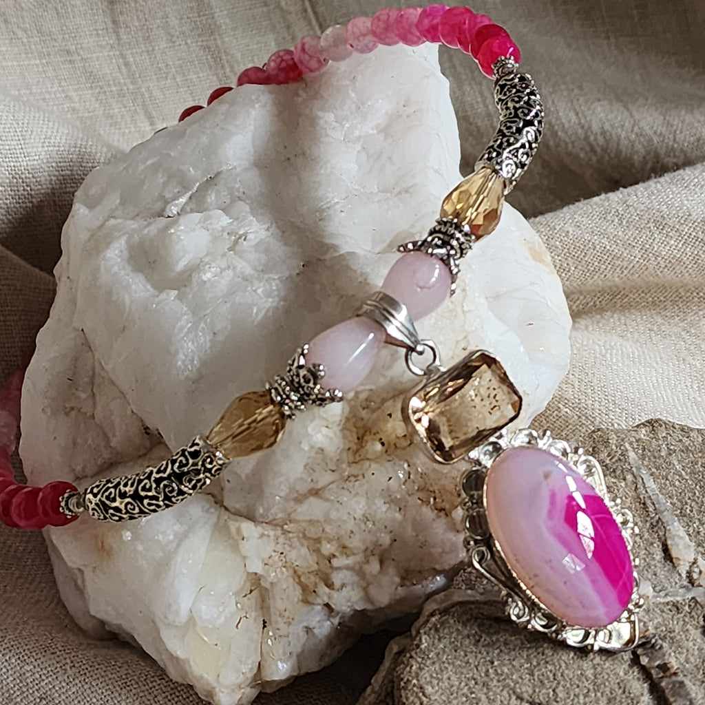 Read My Lips/ Designer Jewelry Silver Pendant Genuine Pink Agate Necklace Boho Artisan Jewelry Gift for Women