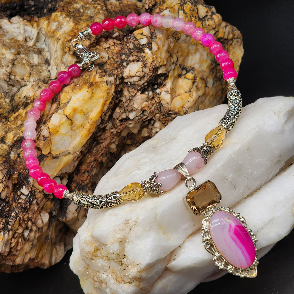 Read My Lips/ Designer Jewelry Silver Pendant Genuine Pink Agate Necklace Boho Artisan Jewelry Gift for Women