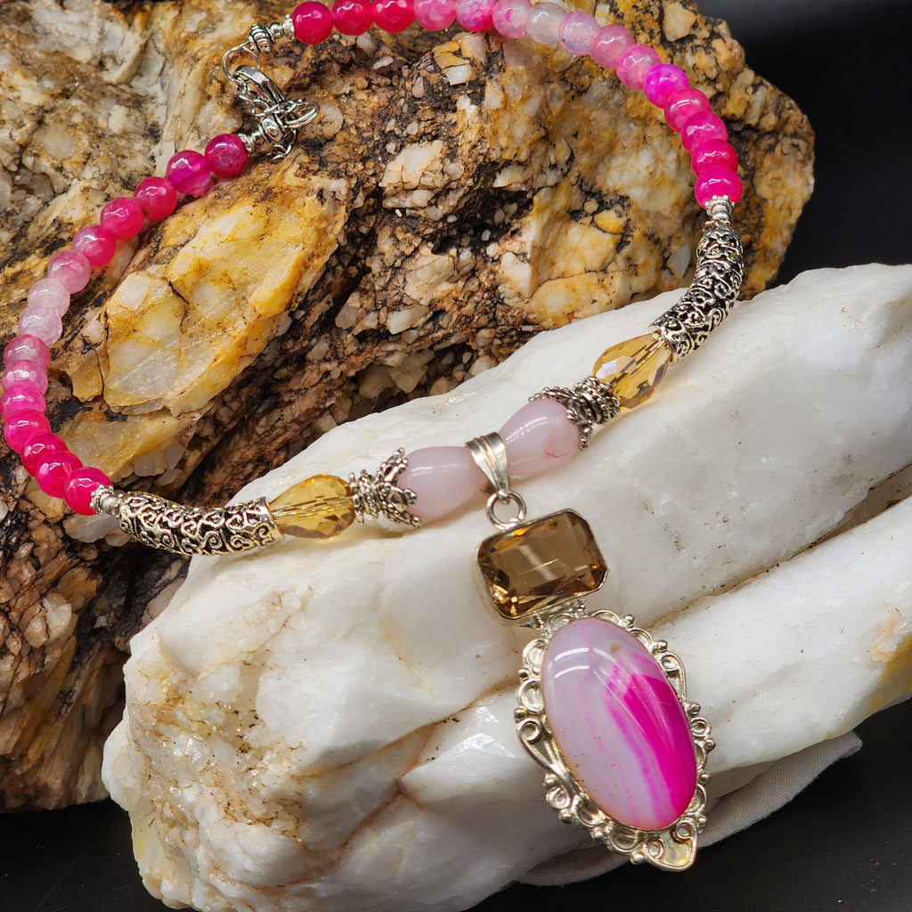 Read My Lips/ Designer Jewelry Silver Pendant Genuine Pink Agate Necklace Boho Artisan Jewelry Gift for Women