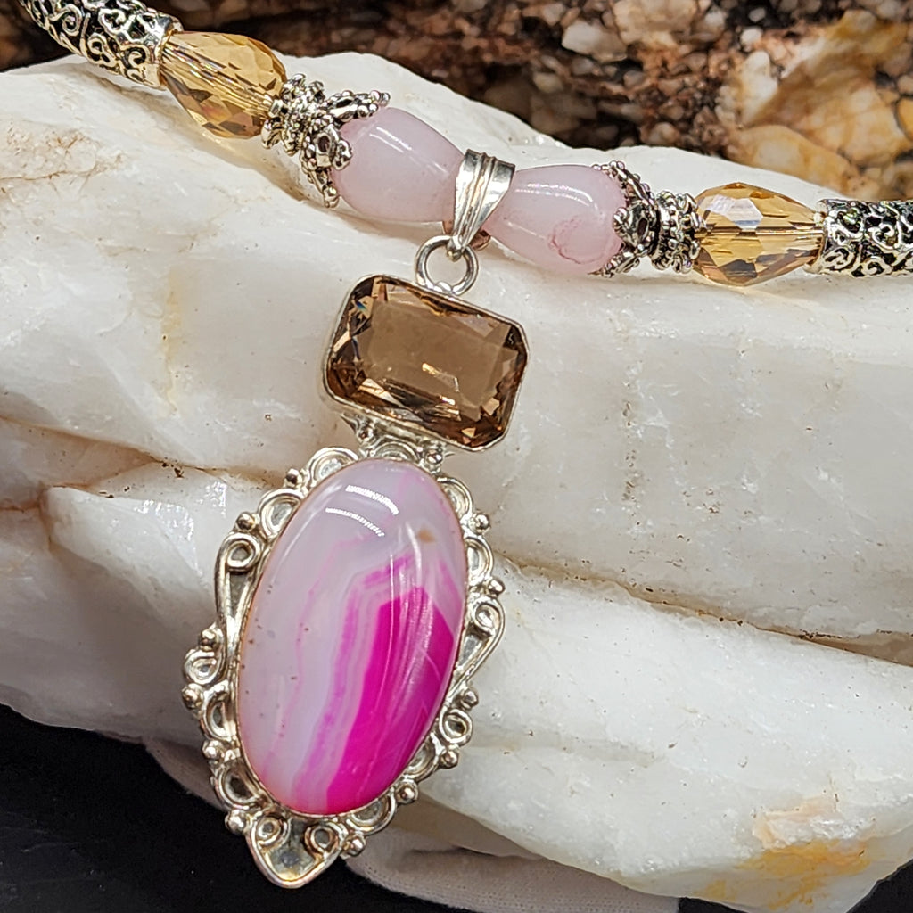 Read My Lips/ Designer Jewelry Silver Pendant Genuine Pink Agate Necklace Boho Artisan Jewelry Gift for Women