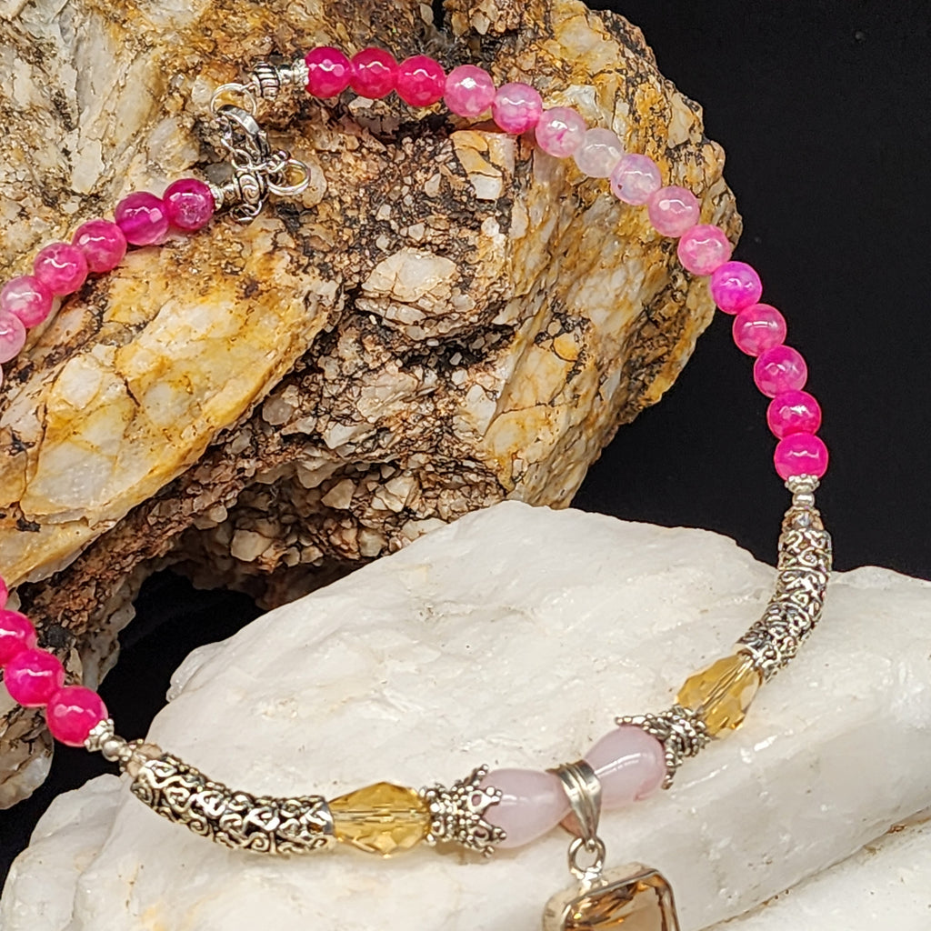 Read My Lips/ Designer Jewelry Silver Pendant Genuine Pink Agate Necklace Boho Artisan Jewelry Gift for Women