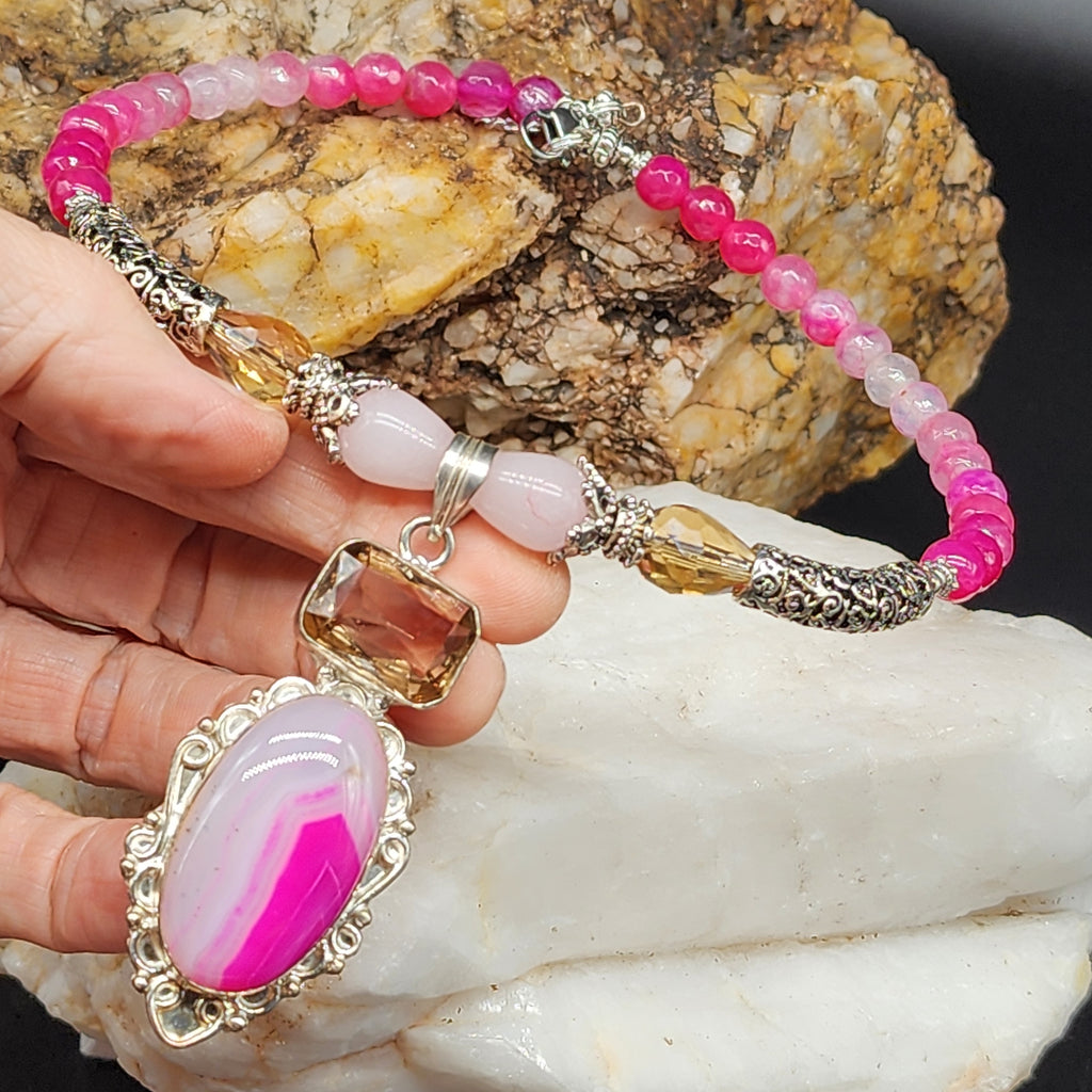 Read My Lips/ Designer Jewelry Silver Pendant Genuine Pink Agate Necklace Boho Artisan Jewelry Gift for Women