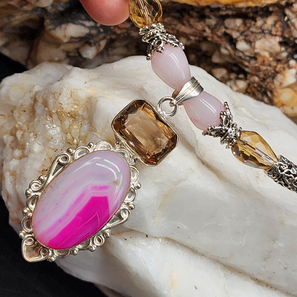 Read My Lips/ Designer Jewelry Silver Pendant Genuine Pink Agate Necklace Boho Artisan Jewelry Gift for Women