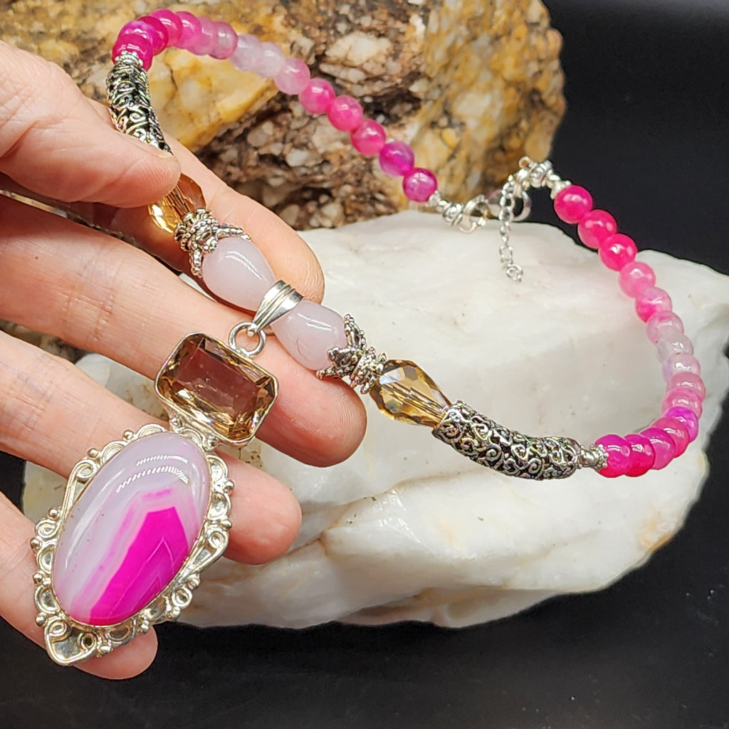 Read My Lips/ Designer Jewelry Silver Pendant Genuine Pink Agate Necklace Boho Artisan Jewelry Gift for Women
