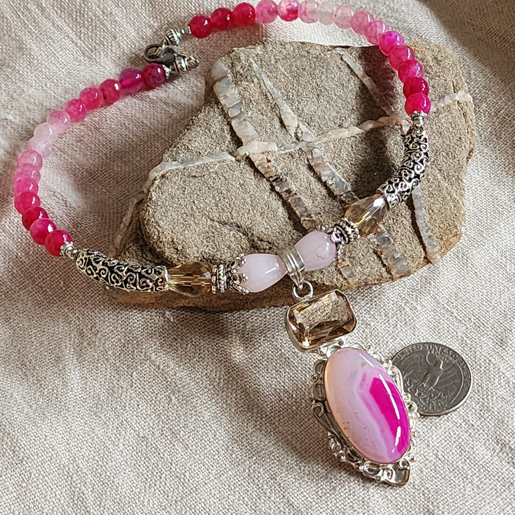 Read My Lips/ Designer Jewelry Silver Pendant Genuine Pink Agate Necklace Boho Artisan Jewelry Gift for Women