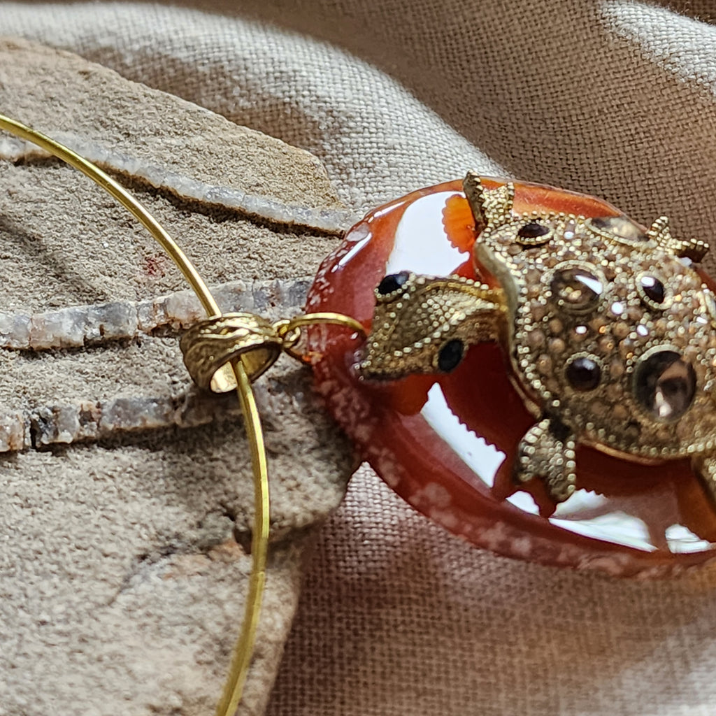 Island Retreat / Artisan Boho Necklace Designer Jewelry Silver Turtle Pendant Natural Red Agate Stone Unique Necklace Gift For Lady