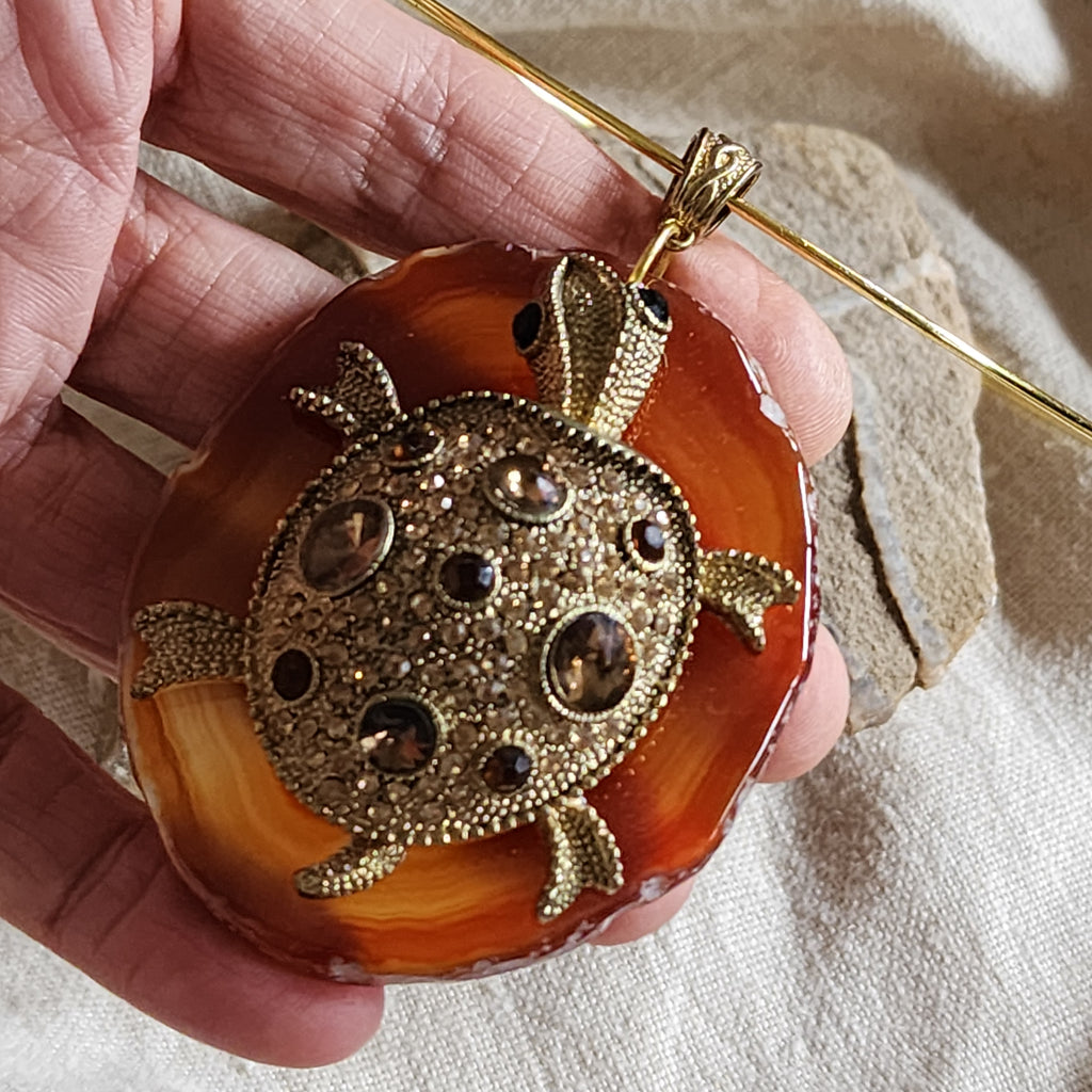 Island Retreat / Artisan Boho Necklace Designer Jewelry Silver Turtle Pendant Natural Red Agate Stone Unique Necklace Gift For Lady