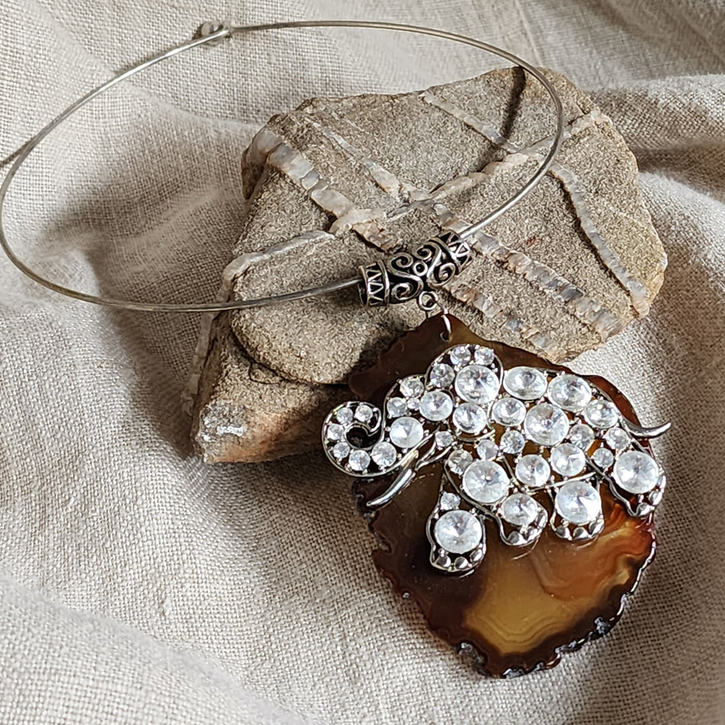 Matisse /  Artisan Boho Necklace Designer Jewelry Silver Elephant Pendant Natural Agate Stone Vintage Necklace Gift For Women