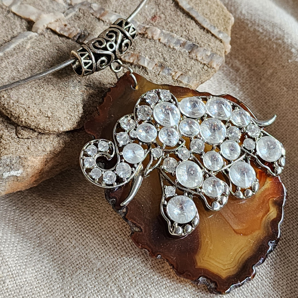 Matisse /  Artisan Boho Necklace Designer Jewelry Silver Elephant Pendant Natural Agate Stone Vintage Necklace Gift For Women