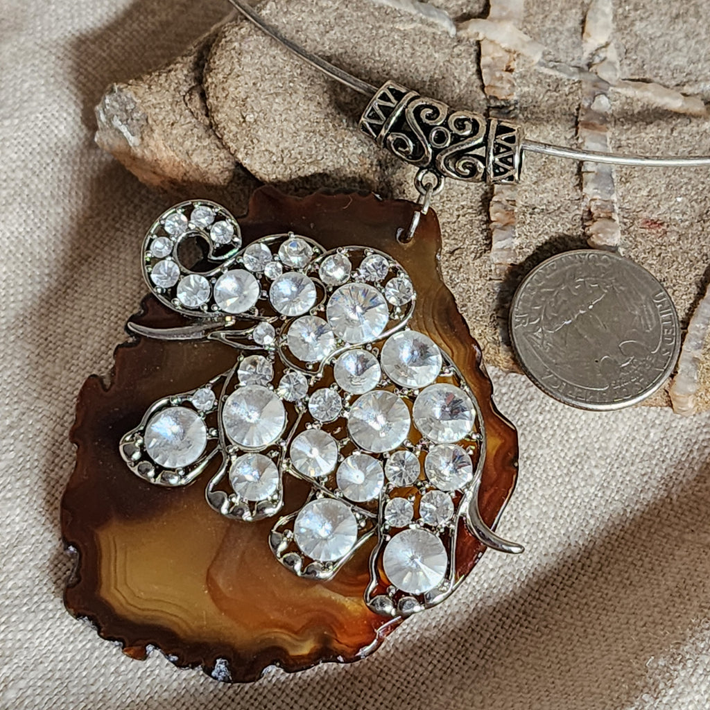 Matisse /  Artisan Boho Necklace Designer Jewelry Silver Elephant Pendant Natural Agate Stone Vintage Necklace Gift For Women