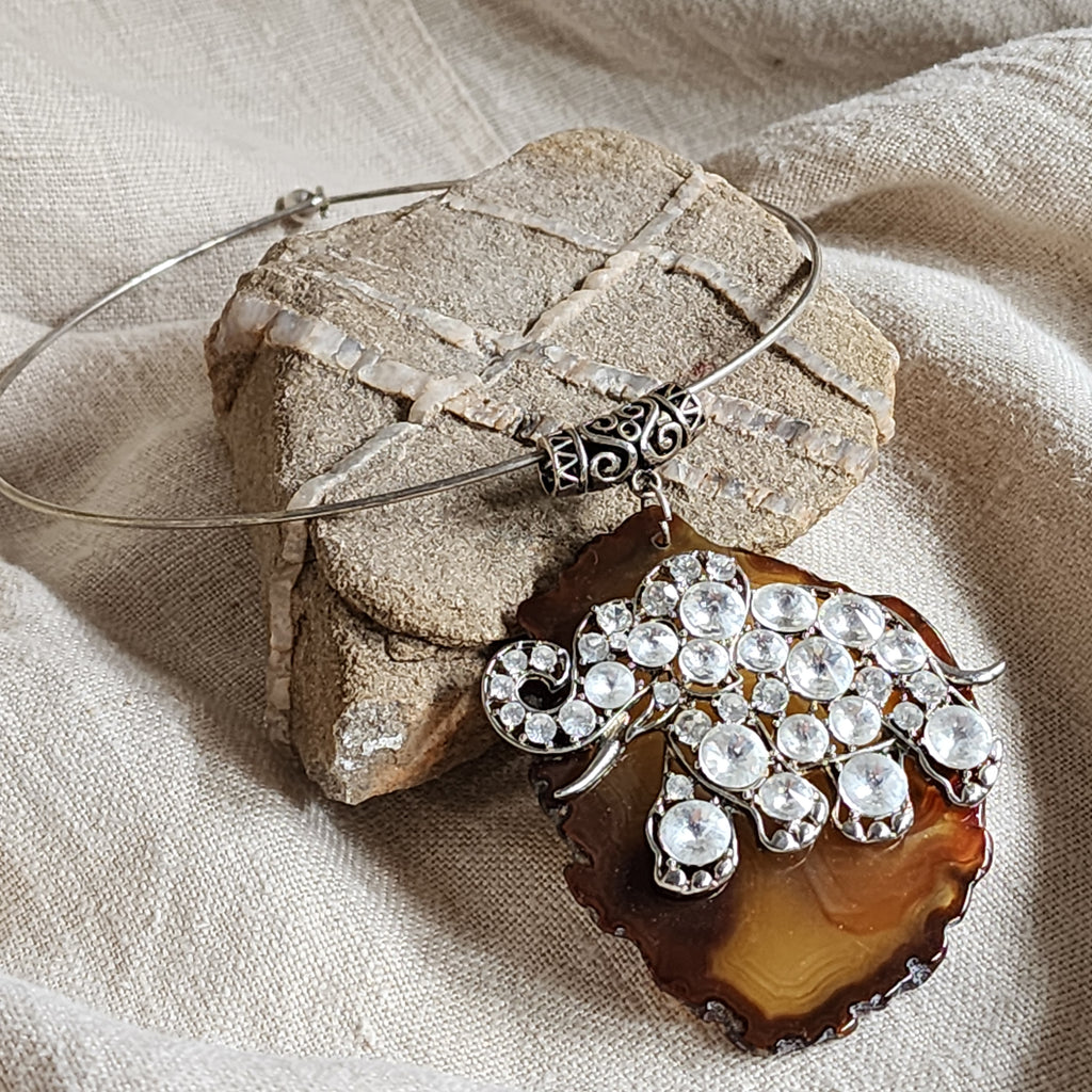 Matisse /  Artisan Boho Necklace Designer Jewelry Silver Elephant Pendant Natural Agate Stone Vintage Necklace Gift For Women