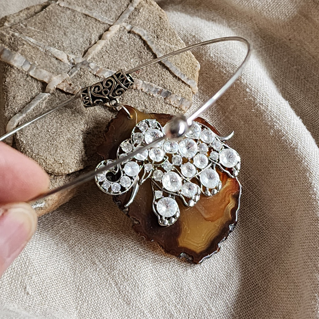 Matisse /  Artisan Boho Necklace Designer Jewelry Silver Elephant Pendant Natural Agate Stone Vintage Necklace Gift For Women