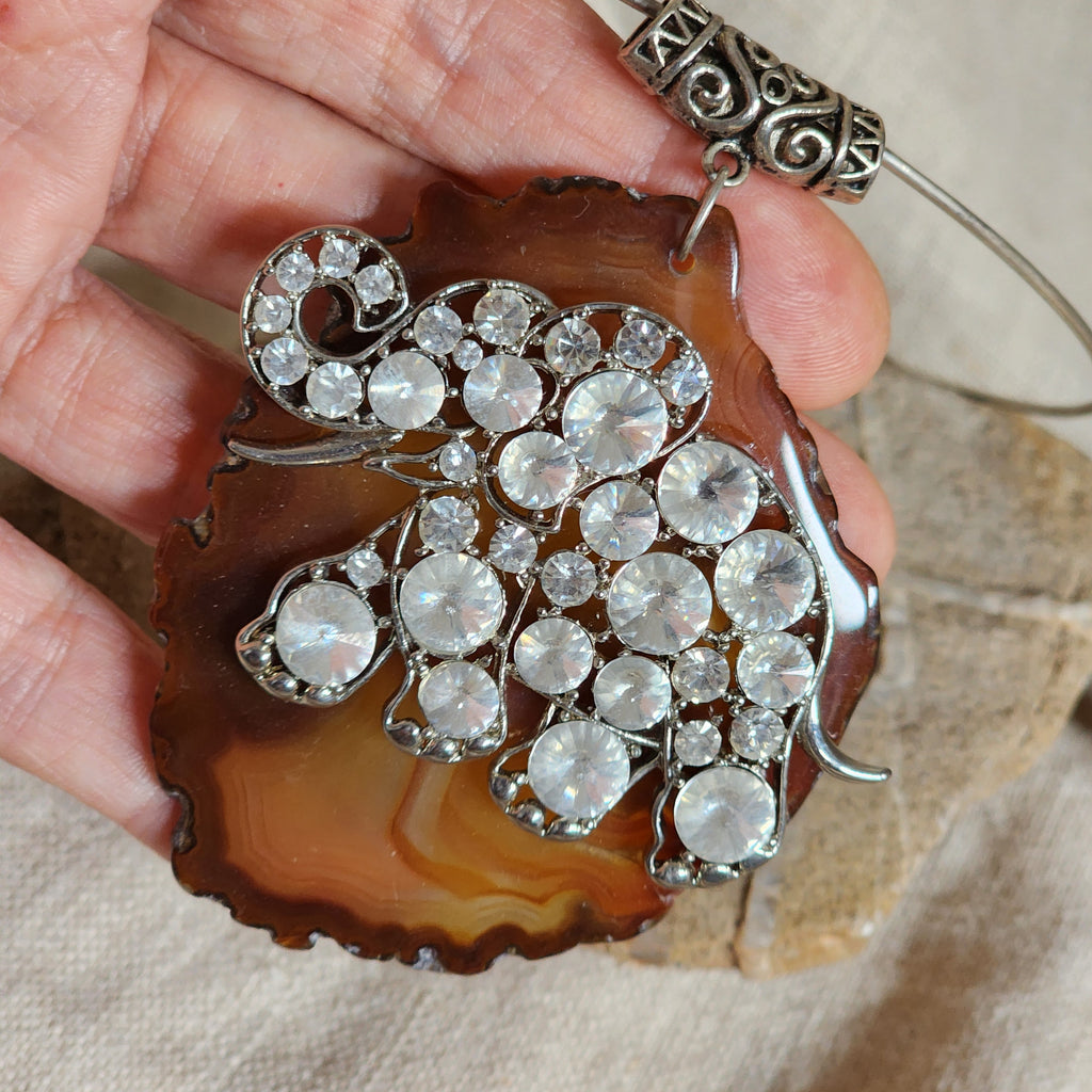 Matisse /  Artisan Boho Necklace Designer Jewelry Silver Elephant Pendant Natural Agate Stone Vintage Necklace Gift For Women