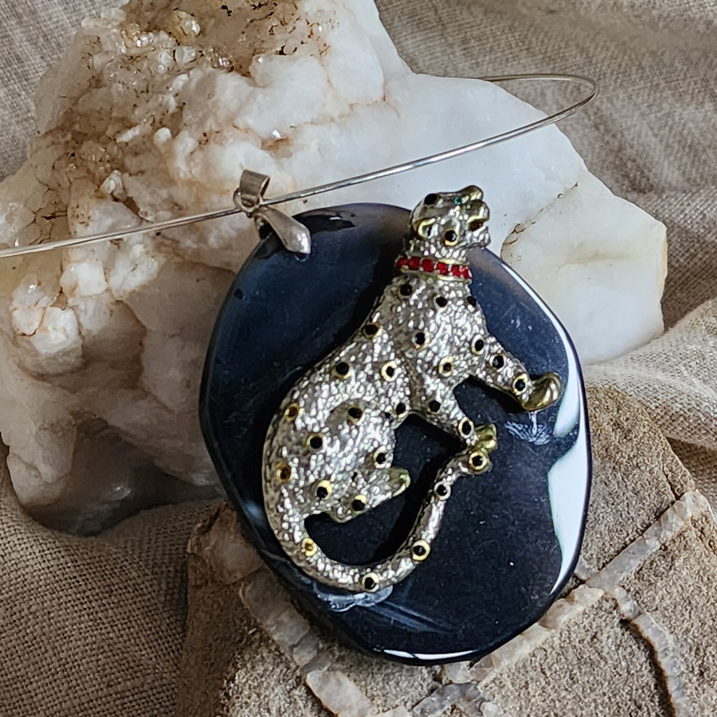 Propitiation / Artisan Boho Necklace Designer Jewelry Silver Tiger Pendant Natural Black Agate Stone Unique Necklace Gift For Lady