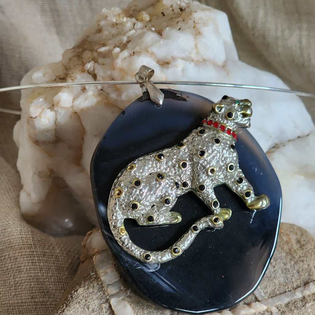 Propitiation / Artisan Boho Necklace Designer Jewelry Silver Tiger Pendant Natural Black Agate Stone Unique Necklace Gift For Lady
