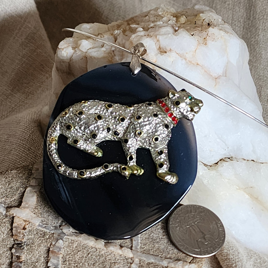 Propitiation / Artisan Boho Necklace Designer Jewelry Silver Tiger Pendant Natural Black Agate Stone Unique Necklace Gift For Lady