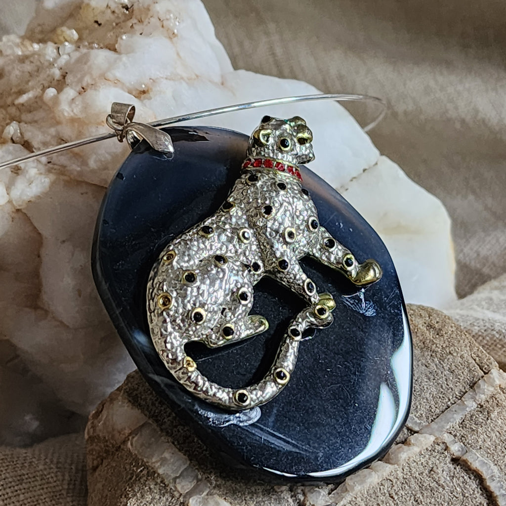 Propitiation / Artisan Boho Necklace Designer Jewelry Silver Tiger Pendant Natural Black Agate Stone Unique Necklace Gift For Lady