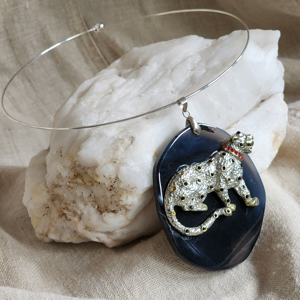 Propitiation / Artisan Boho Necklace Designer Jewelry Silver Tiger Pendant Natural Black Agate Stone Unique Necklace Gift For Lady