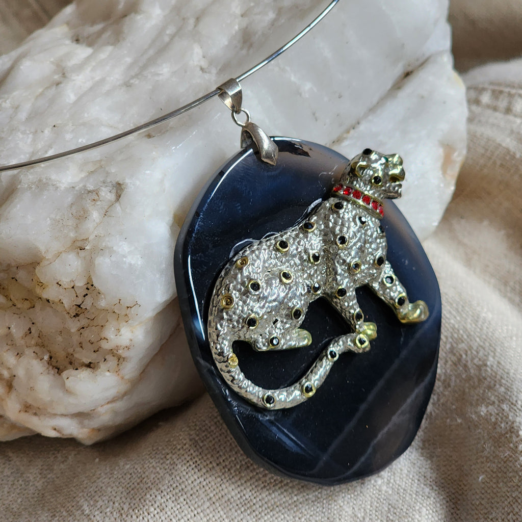 Propitiation / Artisan Boho Necklace Designer Jewelry Silver Tiger Pendant Natural Black Agate Stone Unique Necklace Gift For Lady