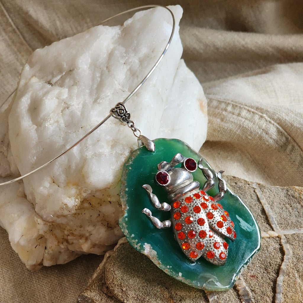 The Whisper Of Summer / Artisan Boho Necklace Designer Jewelry Silver Lady Bug Pendant Natural Green Agate Stone Unique Necklace