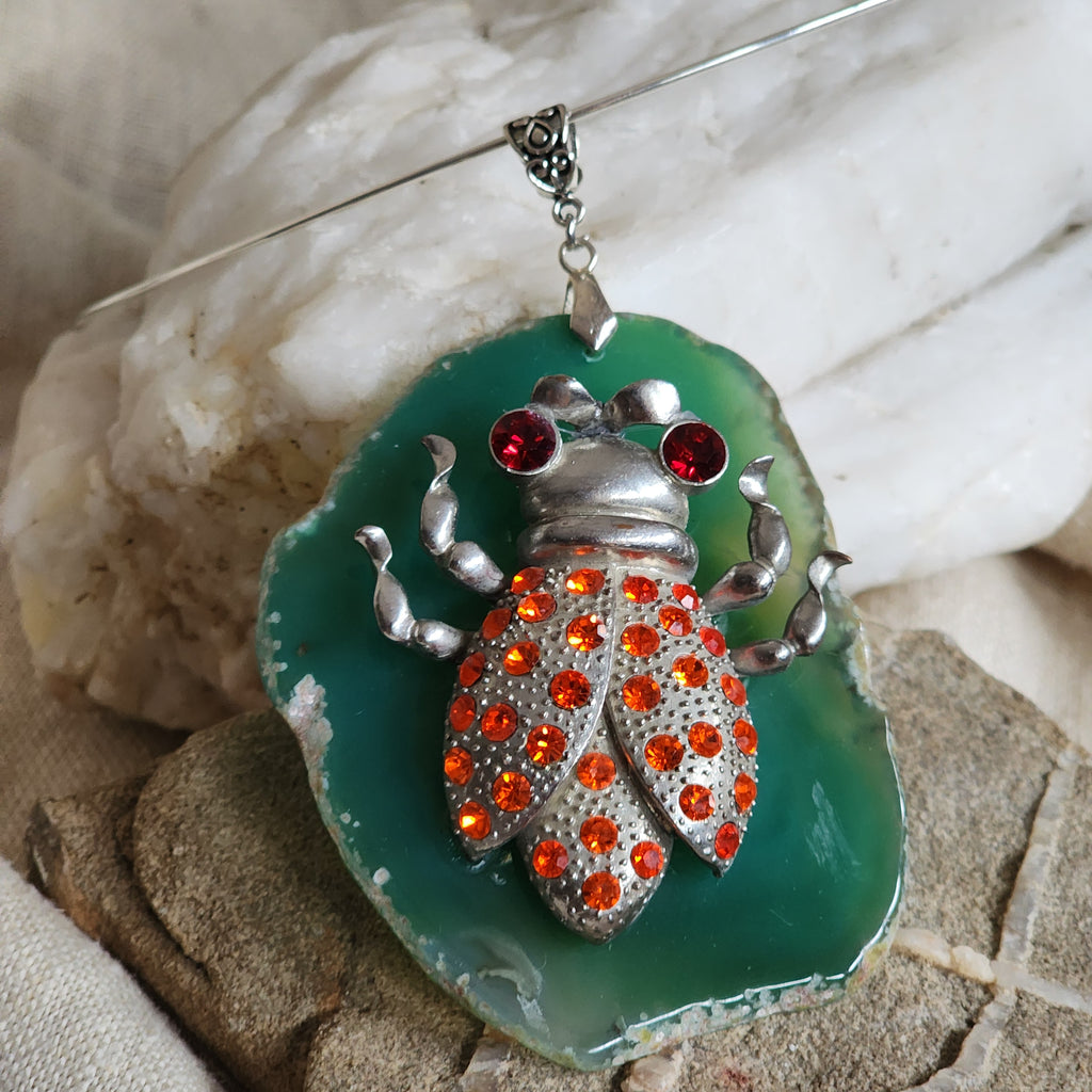 The Whisper Of Summer / Artisan Boho Necklace Designer Jewelry Silver Lady Bug Pendant Natural Green Agate Stone Unique Necklace