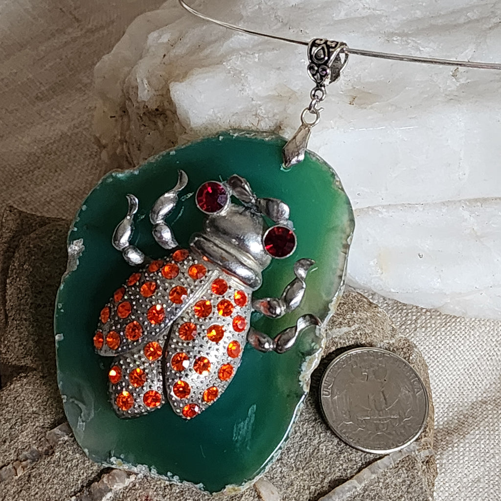 The Whisper Of Summer / Artisan Boho Necklace Designer Jewelry Silver Lady Bug Pendant Natural Green Agate Stone Unique Necklace