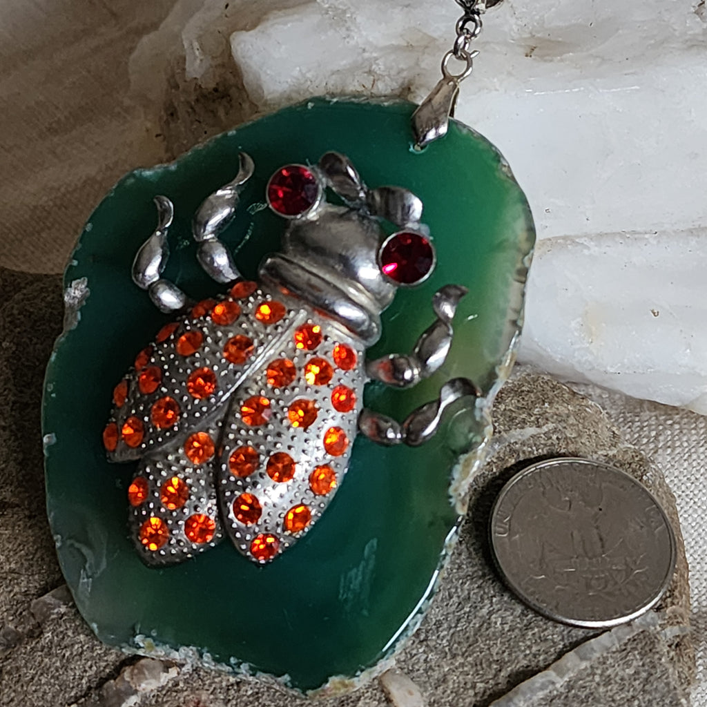 The Whisper Of Summer / Artisan Boho Necklace Designer Jewelry Silver Lady Bug Pendant Natural Green Agate Stone Unique Necklace