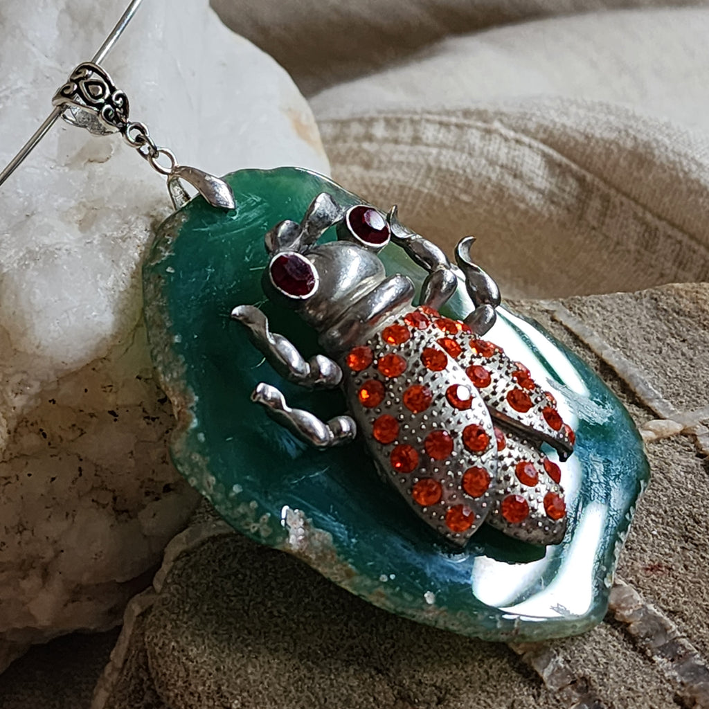 The Whisper Of Summer / Artisan Boho Necklace Designer Jewelry Silver Lady Bug Pendant Natural Green Agate Stone Unique Necklace