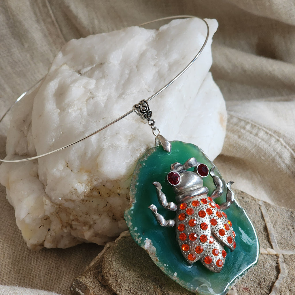 The Whisper Of Summer / Artisan Boho Necklace Designer Jewelry Silver Lady Bug Pendant Natural Green Agate Stone Unique Necklace