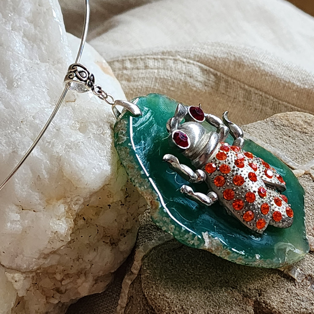 The Whisper Of Summer / Artisan Boho Necklace Designer Jewelry Silver Lady Bug Pendant Natural Green Agate Stone Unique Necklace
